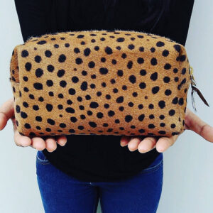 Leopard make up bag, leopard print leather make up case, leopard calf hair zipper pouch, leather toiletry bag, dopp kit, travel makeup case