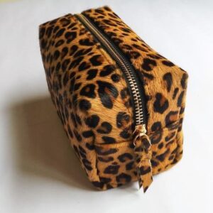 Cheetah make up bag, cheetah print leather make up case, cheetah animal print zipper pouch, leather toiletry bag, travel makeup case
