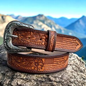 Western Tooled Leather Belt for Men American Flag Floral Embossed Cowboy Belt with Western Buckle 1.5" Rodeo Style Belt