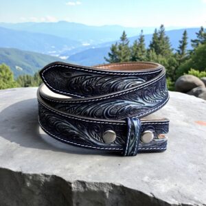 Western Floral Navy Blue Strap Handcrafted Full Grain Leather Snap-On Design without Buckle Embossed Belt
