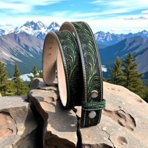Floral Western Green Strap Belt Handcrafted Full Grain Leather Snap-On Design Belt Strap without Buckle Embossed Belt
