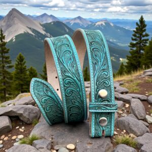 Turquoise Western Floral Leather Strap Handcrafted Teal Belt Full Grain without Buckle Embossed