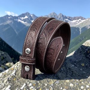 Western Tooled Leather Belt Strap Genuine Cowhide Brown Floral Tooled Belt Handcrafted Western Belt Interchangeable Buckle