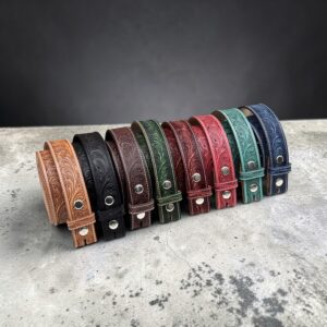 Western Floral Tooled Leather Belt Strap, Full Grain Cowhide, 1 1/2 Inch Snap On Belt Strap, 8 Colors, Handcrafted