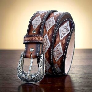 Full Grain Cowhide Leather Western Belt, Diamond Tooled Cowboy Belt with Silver-Tone Buckle, Belt